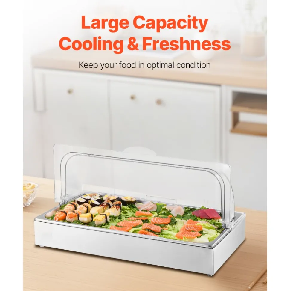 VEVOR Countertop Food Serving Display Container, 1 x 1 Pan Stainless Steel Food Serving Tray, Buffet Condiment Dispenser Display Rack with Clear Lid & 3 Ice Trays, for Restaurant Hotel Kitchen Party