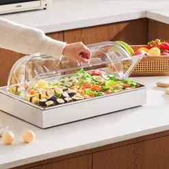 VEVOR Countertop Food Serving Display Container, 1 x 1 Pan Stainless Steel Food Serving Tray, Buffet Condiment Dispenser Display Rack with Clear Lid & 3 Ice Trays, for Restaurant Hotel Kitchen Party