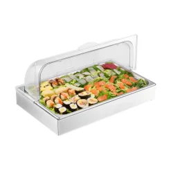 VEVOR Countertop Food Serving Display Container, 1 x 1 Pan Stainless Steel Food Serving Tray, Buffet Condiment Dispenser Display Rack with Clear Lid & 3 Ice Trays, for Restaurant Hotel Kitchen Party