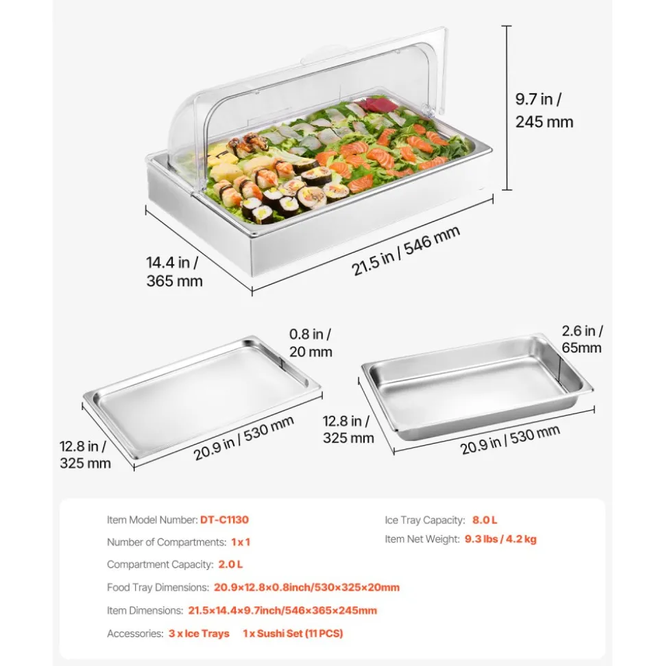 VEVOR Countertop Food Serving Display Container, 1 x 1 Pan Stainless Steel Food Serving Tray, Buffet Condiment Dispenser Display Rack with Clear Lid & 3 Ice Trays, for Restaurant Hotel Kitchen Party