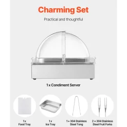 VEVOR Countertop Food Serving Display Container, 1 x 1/2 Pan Stainless Steel Food Serving Tray, Buffet Condiment Dispenser Display Rack with Clear Lid & Ice Tray, for Restaurant Hotel Kitchen Party