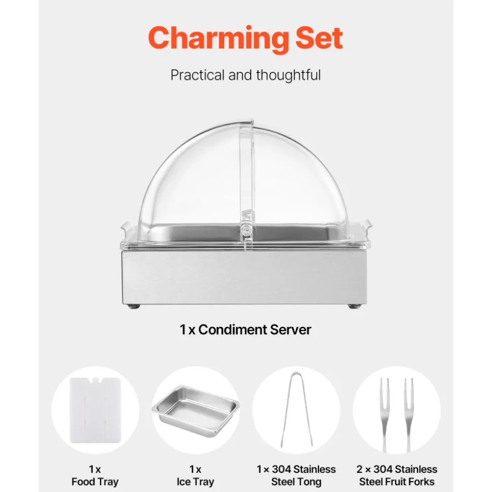 VEVOR Countertop Food Serving Display Container, Stainless Steel Food Salad Server Tray, Buffet Condiment Dispenser, Ice Cooled Rack with Clear Roll Top Cover, for Restaurant Hotel (6x1/6 Pan x2)