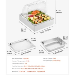VEVOR Countertop Food Serving Display Container, Stainless Steel Food Salad Server Tray, Buffet Condiment Dispenser, Ice Cooled Rack with Clear Roll Top Cover, for Restaurant Hotel (6x1/6 Pan x2)