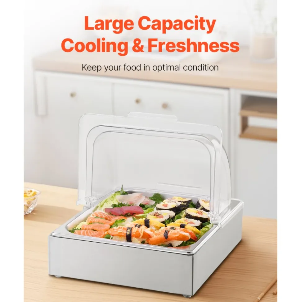 VEVOR Countertop Food Serving Display Container, Stainless Steel Food Salad Server Tray, Buffet Condiment Dispenser, Ice Cooled Rack with Clear Roll Top Cover, for Restaurant Hotel (6x1/6 Pan x2)