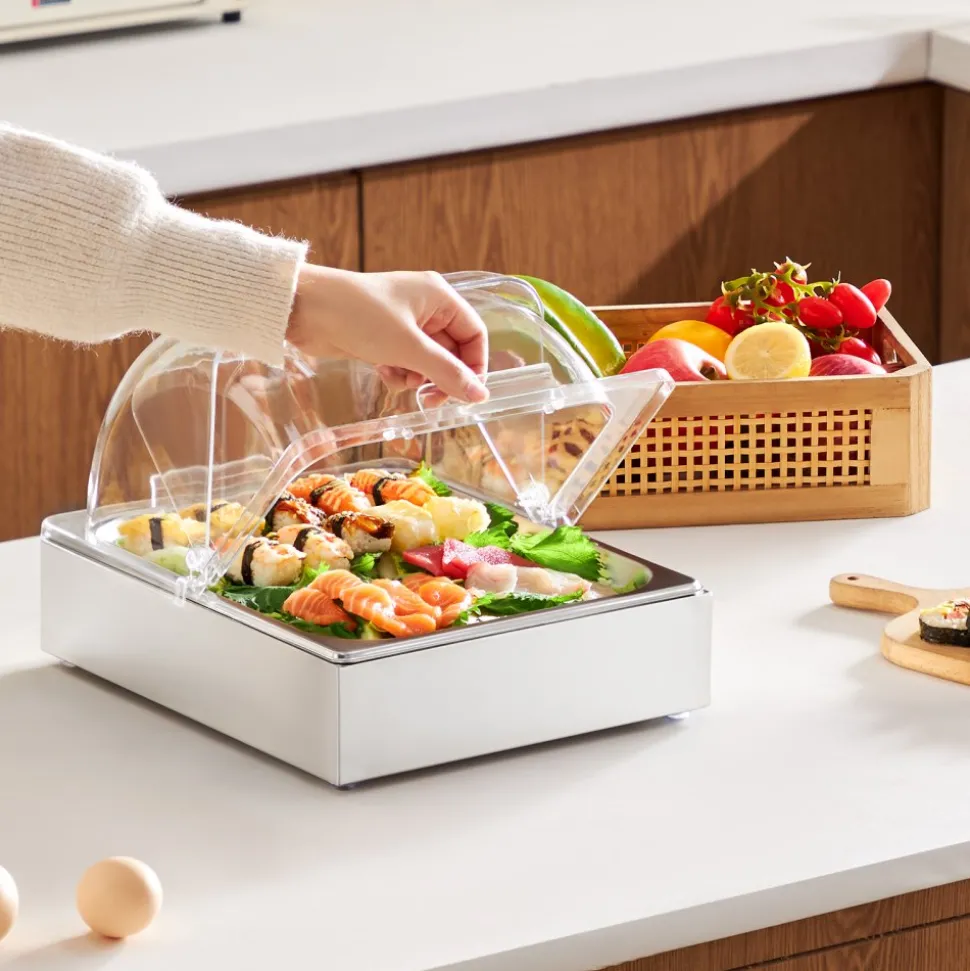VEVOR Countertop Food Serving Display Container, Stainless Steel Food Salad Server Tray, Buffet Condiment Dispenser, Ice Cooled Rack with Clear Roll Top Cover, for Restaurant Hotel (6x1/6 Pan x2)