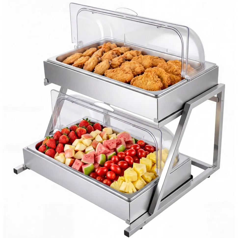 VEVOR Countertop Food Serving Display Container, 2 Tier Stainless Steel Food Salad Server Tray, Buffet Condiment Dispenser, Ice Cooled Rack with Clear Roll Top Cover, for Restaurant Hotel (1/1 Pan x2)