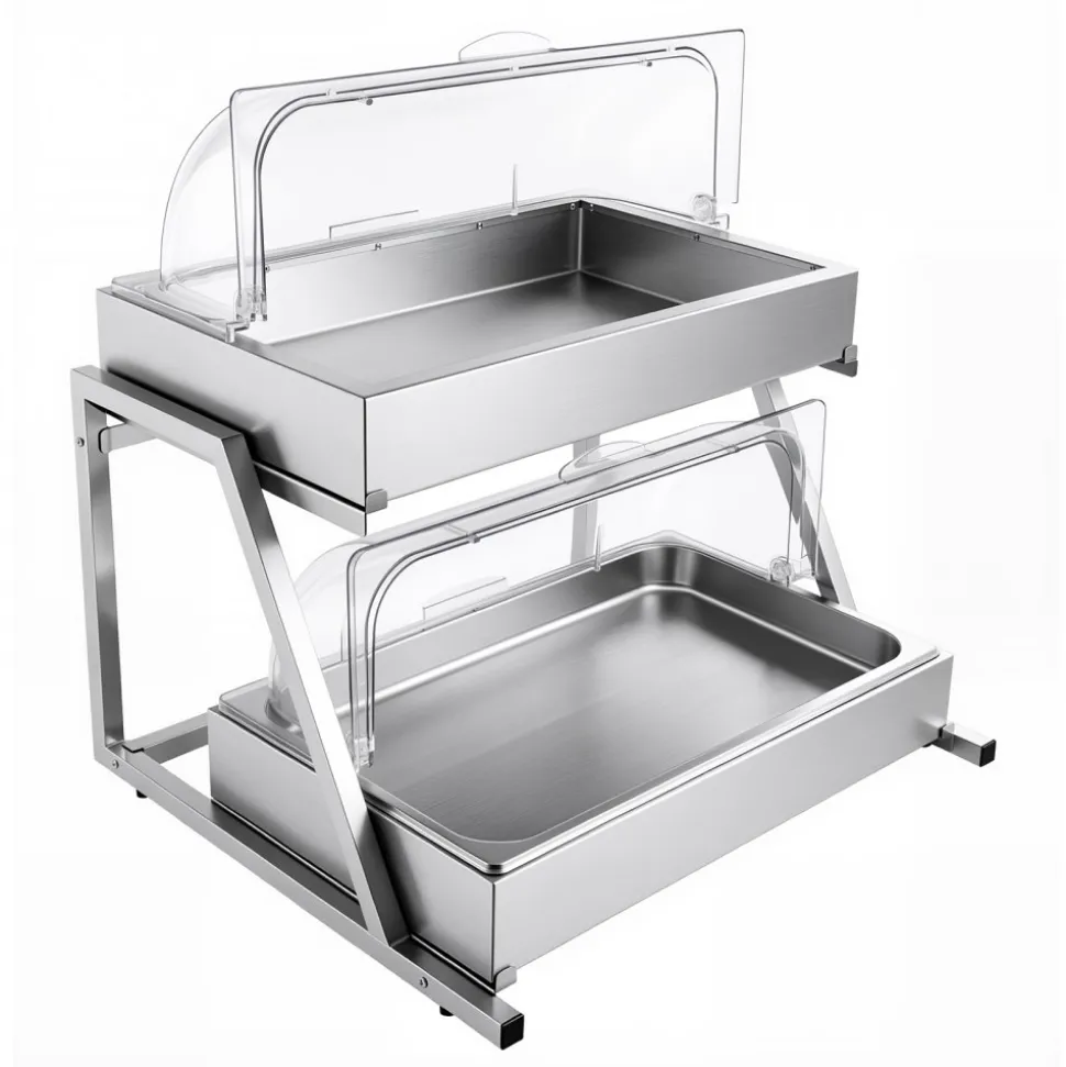 VEVOR Countertop Food Serving Display Container, 2 Tier Stainless Steel Food Salad Server Tray, Buffet Condiment Dispenser, Ice Cooled Rack with Clear Roll Top Cover, for Restaurant Hotel (1/1 Pan x2)