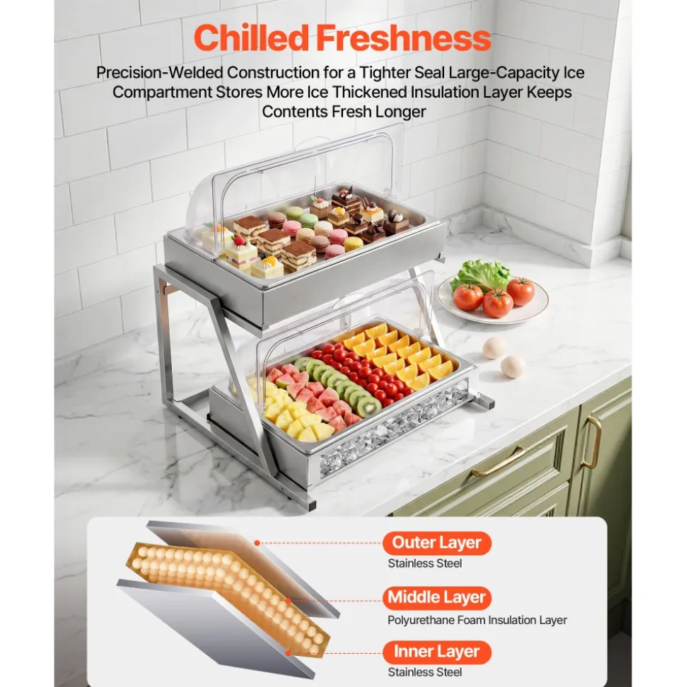 VEVOR Countertop Food Serving Display Container, 2 Tier Stainless Steel Food Salad Server Tray, Buffet Condiment Dispenser, Ice Cooled Rack with Clear Roll Top Cover, for Restaurant Hotel (1/1 Pan x2)