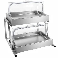 VEVOR Countertop Food Serving Display Container, 2 Tier Stainless Steel Food Salad Server Tray, Buffet Condiment Dispenser, Ice Cooled Rack with Clear Roll Top Cover, for Restaurant Hotel (1/1 Pan x2)