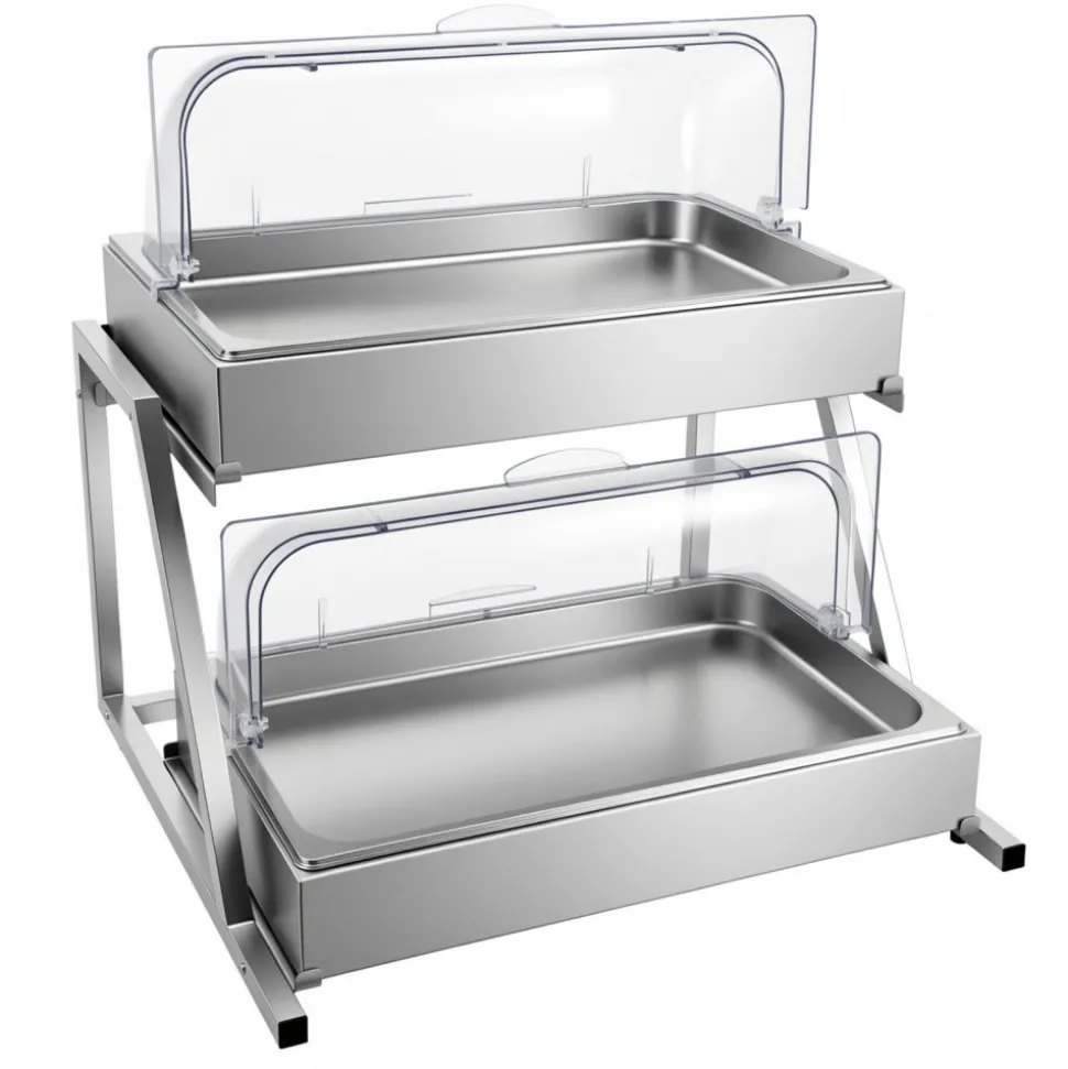 VEVOR Countertop Food Serving Display Container, 2 Tier Stainless Steel Food Salad Server Tray, Buffet Condiment Dispenser, Ice Cooled Rack with Clear Roll Top Cover, for Restaurant Hotel (1/1 Pan x2)
