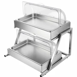 VEVOR Countertop Food Serving Display Container, 2 Tier Stainless Steel Food Salad Server Tray, Buffet Condiment Dispenser, Ice Cooled Rack with Clear Roll Top Cover, for Restaurant Hotel (1/1 Pan x2)
