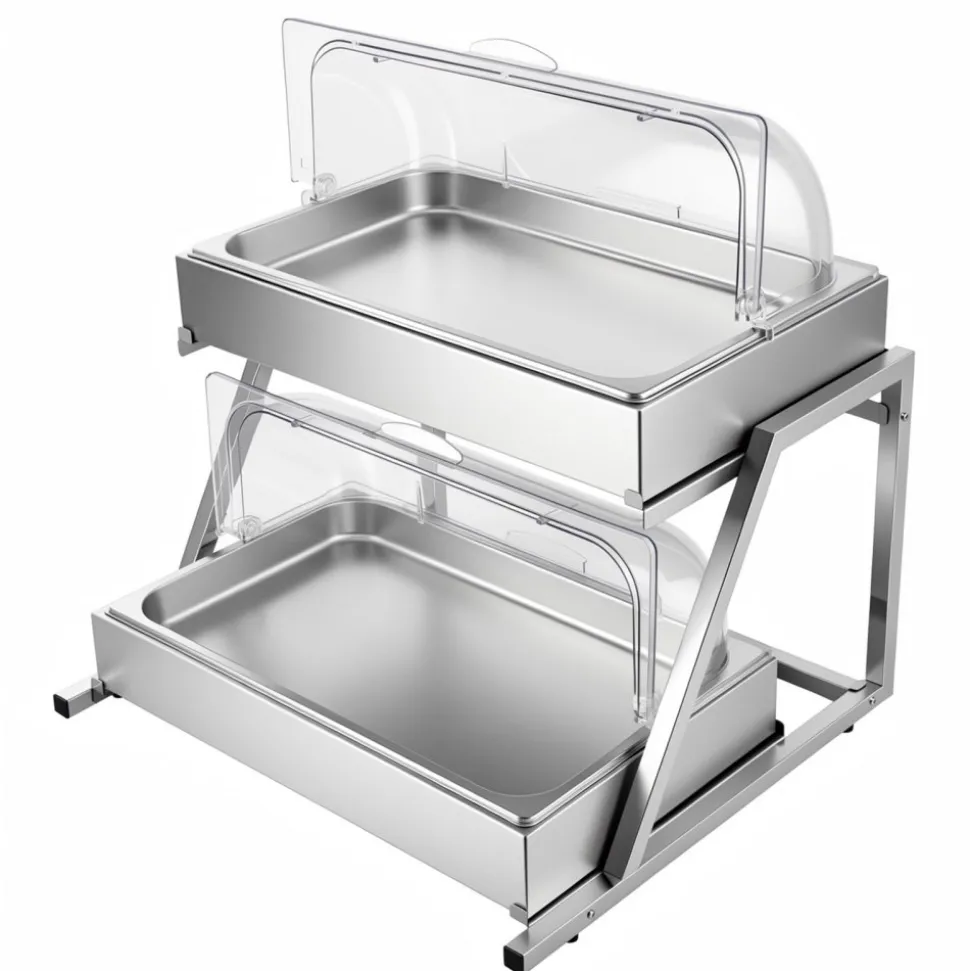 VEVOR Countertop Food Serving Display Container, 2 Tier Stainless Steel Food Salad Server Tray, Buffet Condiment Dispenser, Ice Cooled Rack with Clear Roll Top Cover, for Restaurant Hotel (1/1 Pan x2)