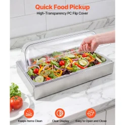 VEVOR Countertop Food Serving Display Container, 2 Tier Stainless Steel Food Salad Server Tray, Buffet Condiment Dispenser, Ice Cooled Rack with Clear Roll Top Cover, for Restaurant Hotel (1/1 Pan x2)