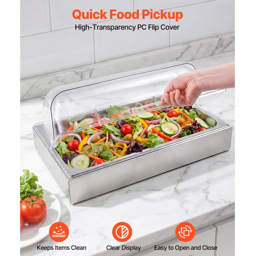 VEVOR Countertop Food Serving Display Container, 2 Tier Stainless Steel Food Salad Server Tray, Buffet Condiment Dispenser, Ice Cooled Rack with Clear Roll Top Cover, for Restaurant Hotel (1/1 Pan x2)