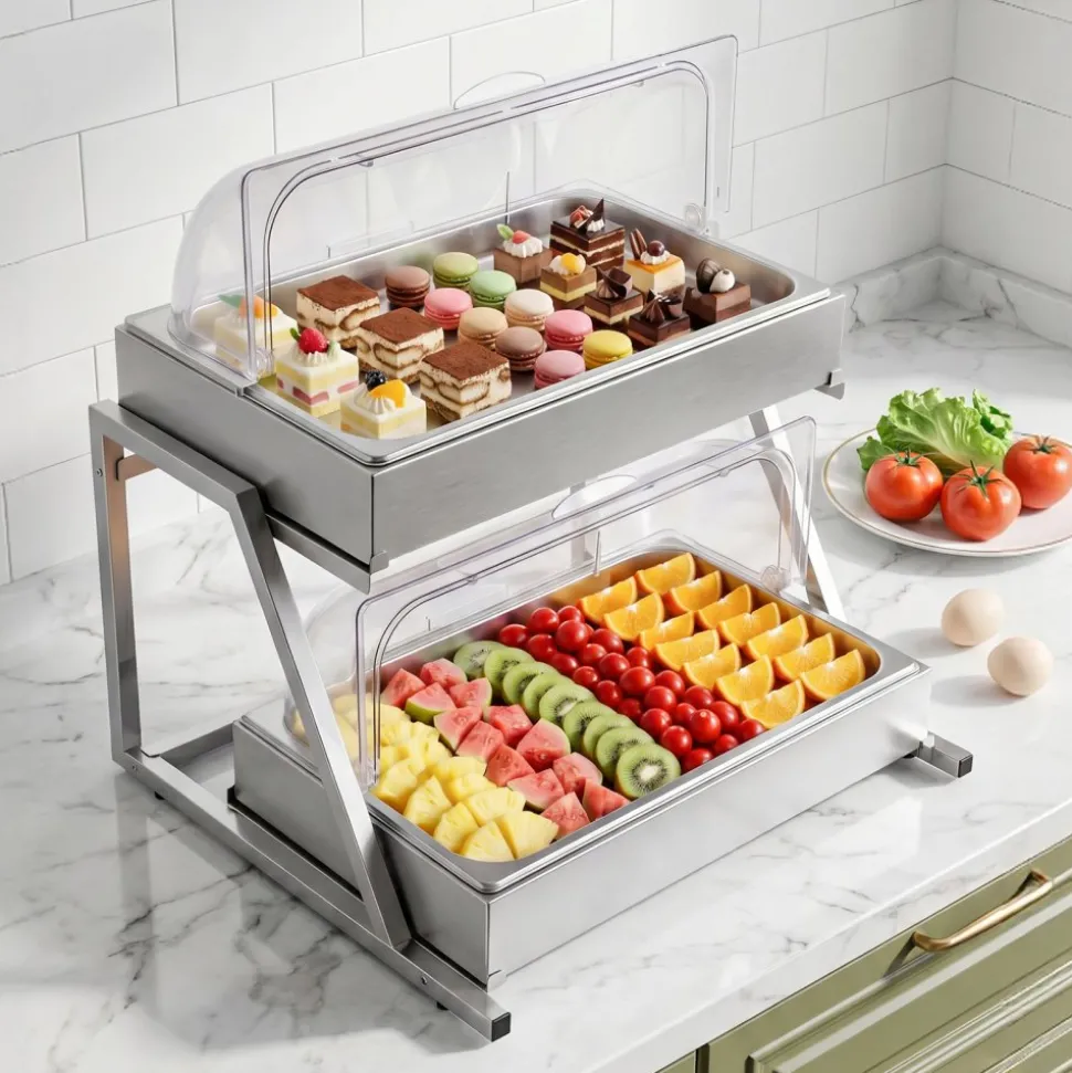 VEVOR Countertop Food Serving Display Container, 2 Tier Stainless Steel Food Salad Server Tray, Buffet Condiment Dispenser, Ice Cooled Rack with Clear Roll Top Cover, for Restaurant Hotel (1/1 Pan x2)