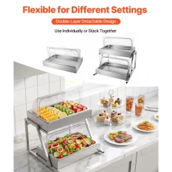 VEVOR Countertop Food Serving Display Container, 2 Tier Stainless Steel Food Salad Server Tray, Buffet Condiment Dispenser, Ice Cooled Rack with Clear Roll Top Cover, for Restaurant Hotel (1/1 Pan x2)
