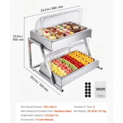 VEVOR Countertop Food Serving Display Container, 2 Tier Stainless Steel Food Salad Server Tray, Buffet Condiment Dispenser, Ice Cooled Rack with Clear Roll Top Cover, for Restaurant Hotel (1/1 Pan x2)