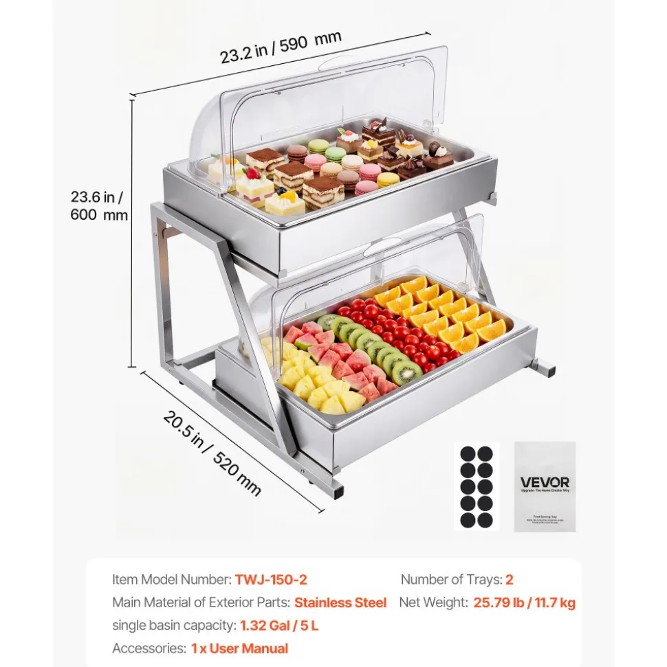 VEVOR Countertop Food Serving Display Container, 2 Tier Stainless Steel Food Salad Server Tray, Buffet Condiment Dispenser, Ice Cooled Rack with Clear Roll Top Cover, for Restaurant Hotel (1/1 Pan x2)