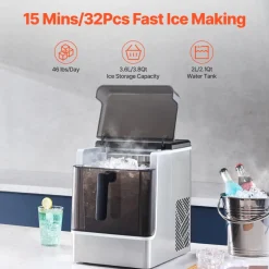 VEVOR Countertop Ice Maker, 32 Cubes Ready in 15 Mins, 46lbs in 24Hrs, Self-Cleaning Portable Ice Maker with Convenient Ice Transfer, Ice Machine with 3 Sizes Ice Cube for Home Kitchen Office Party