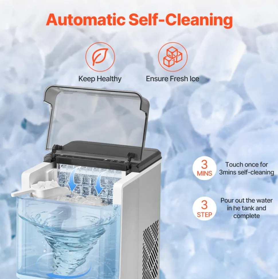 VEVOR Countertop Ice Maker, 32 Cubes Ready in 15 Mins, 46lbs in 24Hrs, Self-Cleaning Portable Ice Maker with Convenient Ice Transfer, Ice Machine with 3 Sizes Ice Cube for Home Kitchen Office Party