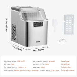 VEVOR Countertop Ice Maker, 32 Cubes Ready in 15 Mins, 46lbs in 24Hrs, Self-Cleaning Portable Ice Maker with Convenient Ice Transfer, Ice Machine with 3 Sizes Ice Cube for Home Kitchen Office Party