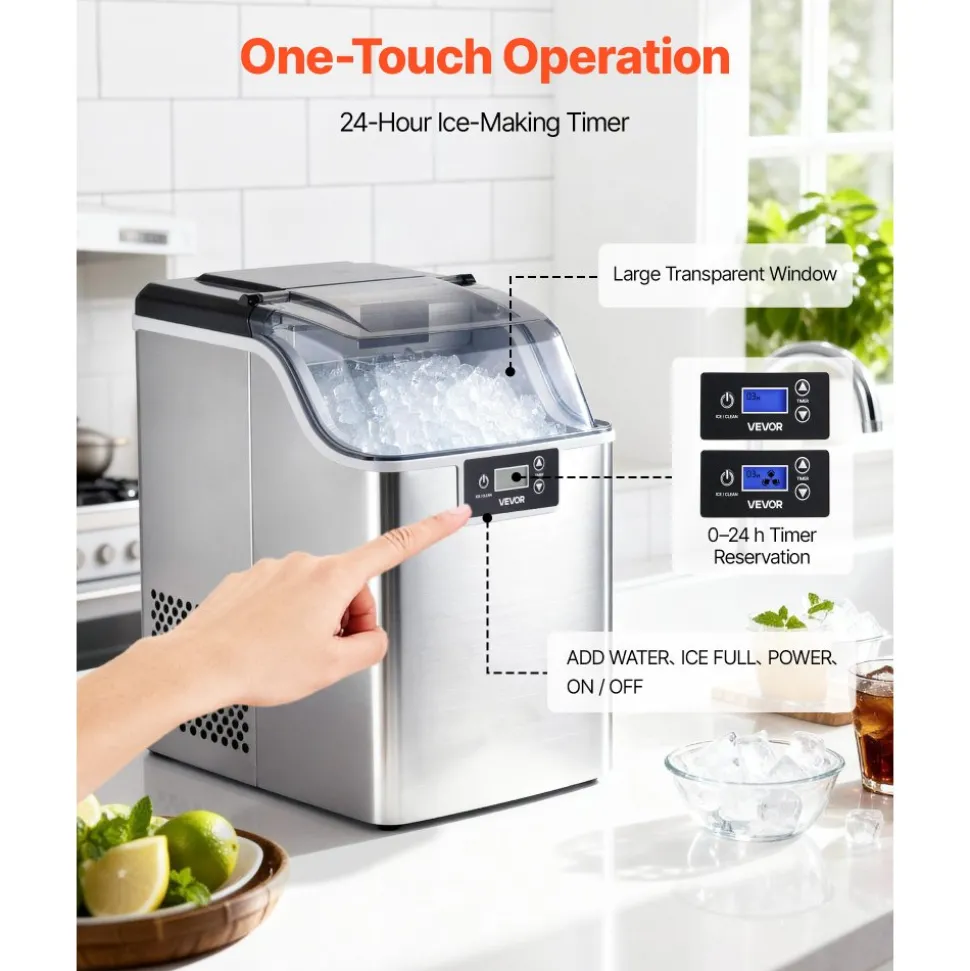 VEVOR Countertop Ice Maker, 44 lbs per Day, Self-Cleaning Portable Machine with Scoop, 4 lbs Ice-Storage Basket, Nugget Ice-Making Machine with Chewable Ices for Home, Kitchen, Office, Bar & Party