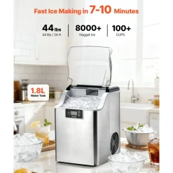 VEVOR Countertop Ice Maker, 44 lbs per Day, Self-Cleaning Portable Machine with Scoop, 4 lbs Ice-Storage Basket, Nugget Ice-Making Machine with Chewable Ices for Home, Kitchen, Office, Bar & Party