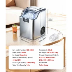 VEVOR Countertop Ice Maker, 44 lbs per Day, Self-Cleaning Portable Machine with Scoop, 4 lbs Ice-Storage Basket, Nugget Ice-Making Machine with Chewable Ices for Home, Kitchen, Office, Bar & Party