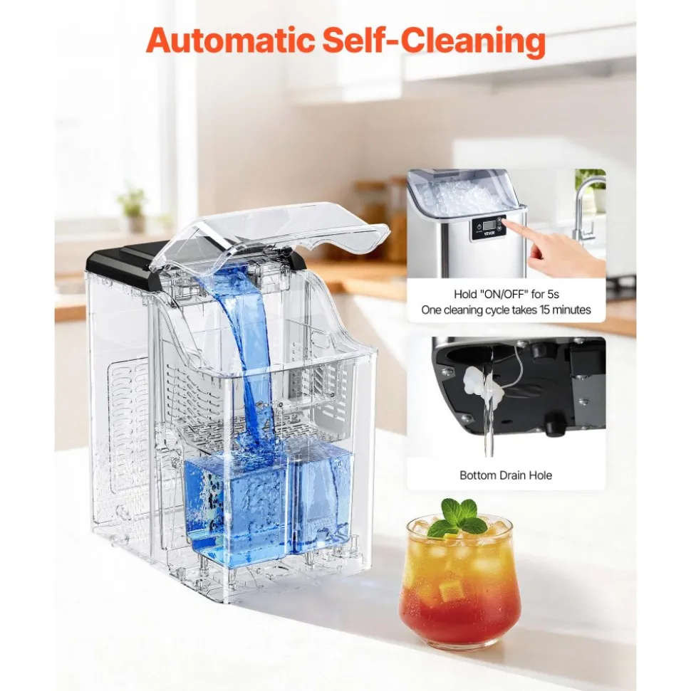 VEVOR Countertop Ice Maker, 44 lbs per Day, Self-Cleaning Portable Machine with Scoop, 4 lbs Ice-Storage Basket, Nugget Ice-Making Machine with Chewable Ices for Home, Kitchen, Office, Bar & Party