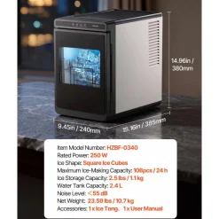 VEVOR Countertop Ice Maker, 22 lbs per Day, Self-Cleaning Portable Machine with Tong, Drawer-Style Ice Access, Ice-Making Machine with Large Square Cubes, for Home, Kitchen, Office, Bar & Party