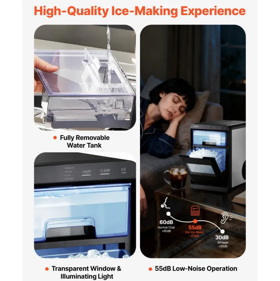 VEVOR Countertop Ice Maker, 44 lbs per Day, Self-Cleaning Portable Machine with Scoop, Drawer-Style Ice Access, Nugget Ice-Making Machine with Chewable Ices for Home, Kitchen, Office, Bar & Party