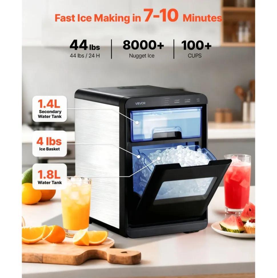 VEVOR Countertop Ice Maker, 44 lbs per Day, Self-Cleaning Portable Machine with Scoop, Drawer-Style Ice Access, Nugget Ice-Making Machine with Chewable Ices for Home, Kitchen, Office, Bar & Party