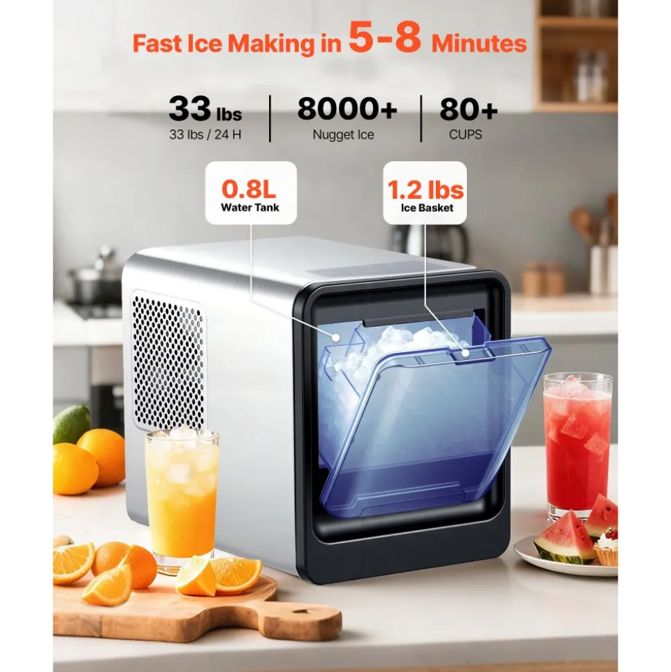 VEVOR Countertop Ice Maker, 33 lbs per Day, Self-Cleaning Portable Machine with Scoop, Drawer-Style Ice Access, Nugget Ice-Making Machine with Chewable Ices for Home, Kitchen, Office, Bar & Party
