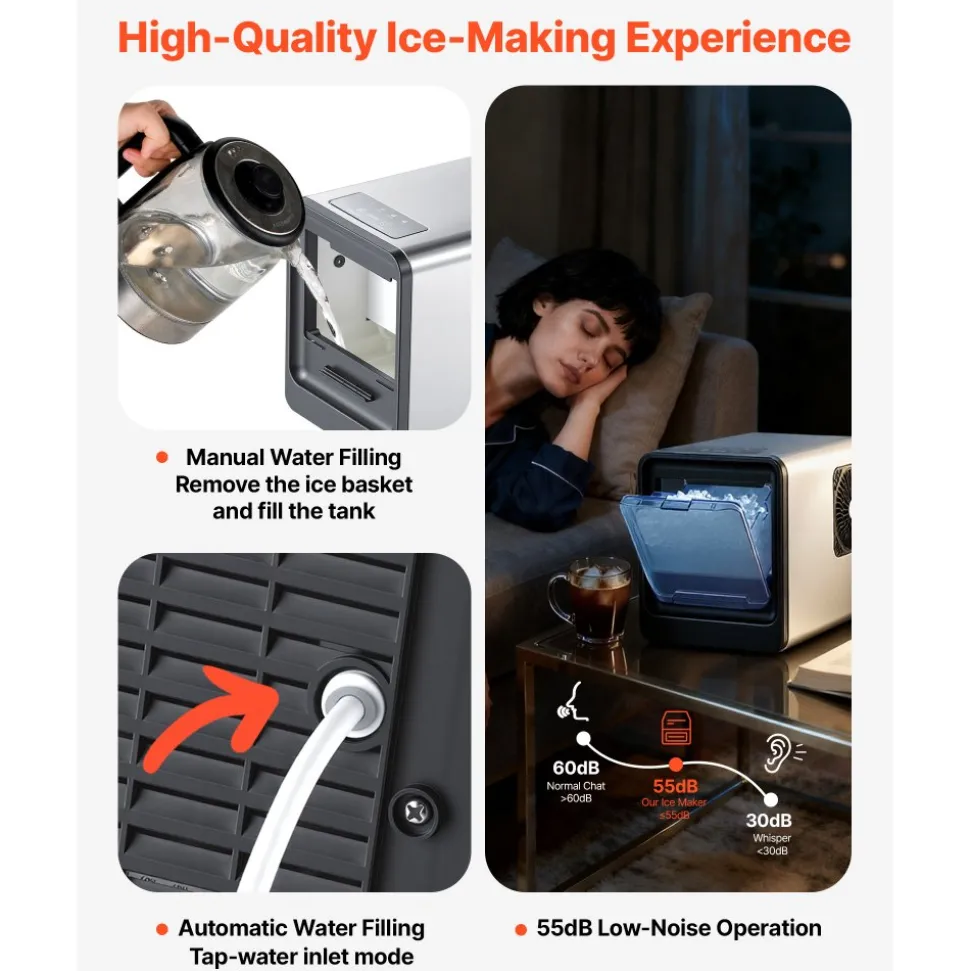 VEVOR Countertop Ice Maker, 33 lbs per Day, Self-Cleaning Portable Machine with Scoop, Drawer-Style Ice Access, Nugget Ice-Making Machine with Chewable Ices for Home, Kitchen, Office, Bar & Party