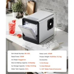 VEVOR Countertop Ice Maker, 33 lbs per Day, Self-Cleaning Portable Machine with Scoop, Drawer-Style Ice Access, Nugget Ice-Making Machine with Chewable Ices for Home, Kitchen, Office, Bar & Party
