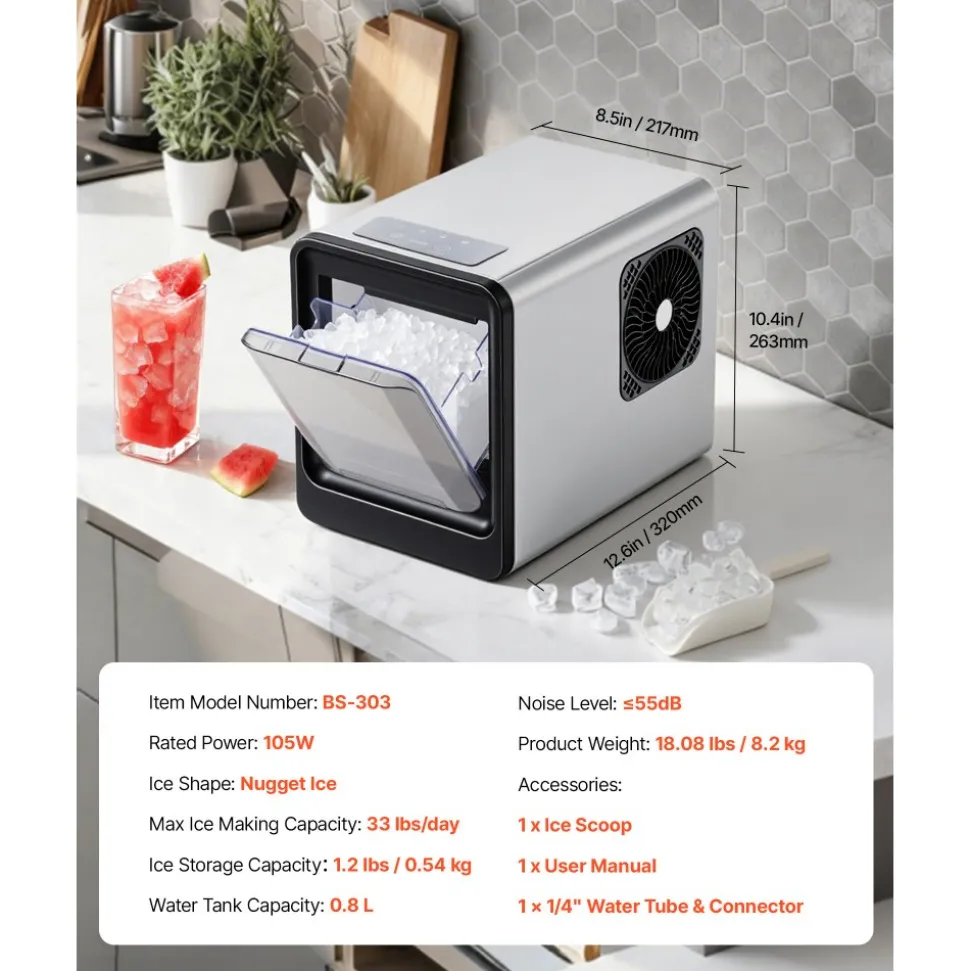 VEVOR Countertop Ice Maker, 33 lbs per Day, Self-Cleaning Portable Machine with Scoop, Drawer-Style Ice Access, Nugget Ice-Making Machine with Chewable Ices for Home, Kitchen, Office, Bar & Party