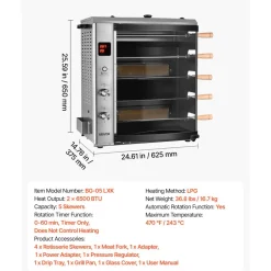 VEVOR Countertop Vertical Oven Brazilian Flame 5 Auto Rotating Skewers, for Steak, Fish, Lamb Leg, Outdoor Gas Heating Rotisserie Shawarma Machine, Meat Kebab Grill, with Curved Glass Door
