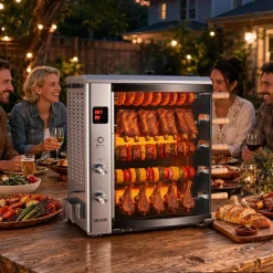 VEVOR Countertop Vertical Oven Brazilian Flame 5 Auto Rotating Skewers, for Steak, Fish, Lamb Leg, Outdoor Gas Heating Rotisserie Shawarma Machine, Meat Kebab Grill, with Curved Glass Door