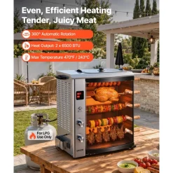 VEVOR Countertop Vertical Oven Brazilian Flame 5 Auto Rotating Skewers, for Steak, Fish, Lamb Leg, Outdoor Gas Heating Rotisserie Shawarma Machine, Meat Kebab Grill, with Curved Glass Door