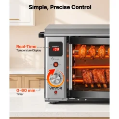 VEVOR Countertop Vertical Oven Brazilian Flame 2 Auto Rotating Skewers, for Steak, Fish, Lamb Leg, 1800W Rotisserie Shawarma Machine, Electric Meat Kebab Grill, with Curved Glass Door, Drip Tray