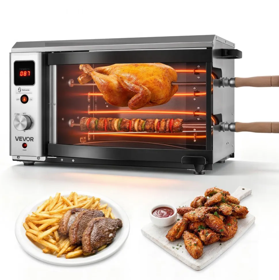 VEVOR Countertop Vertical Oven Brazilian Flame 2 Auto Rotating Skewers, for Steak, Fish, Lamb Leg, 1800W Rotisserie Shawarma Machine, Electric Meat Kebab Grill, with Curved Glass Door, Drip Tray