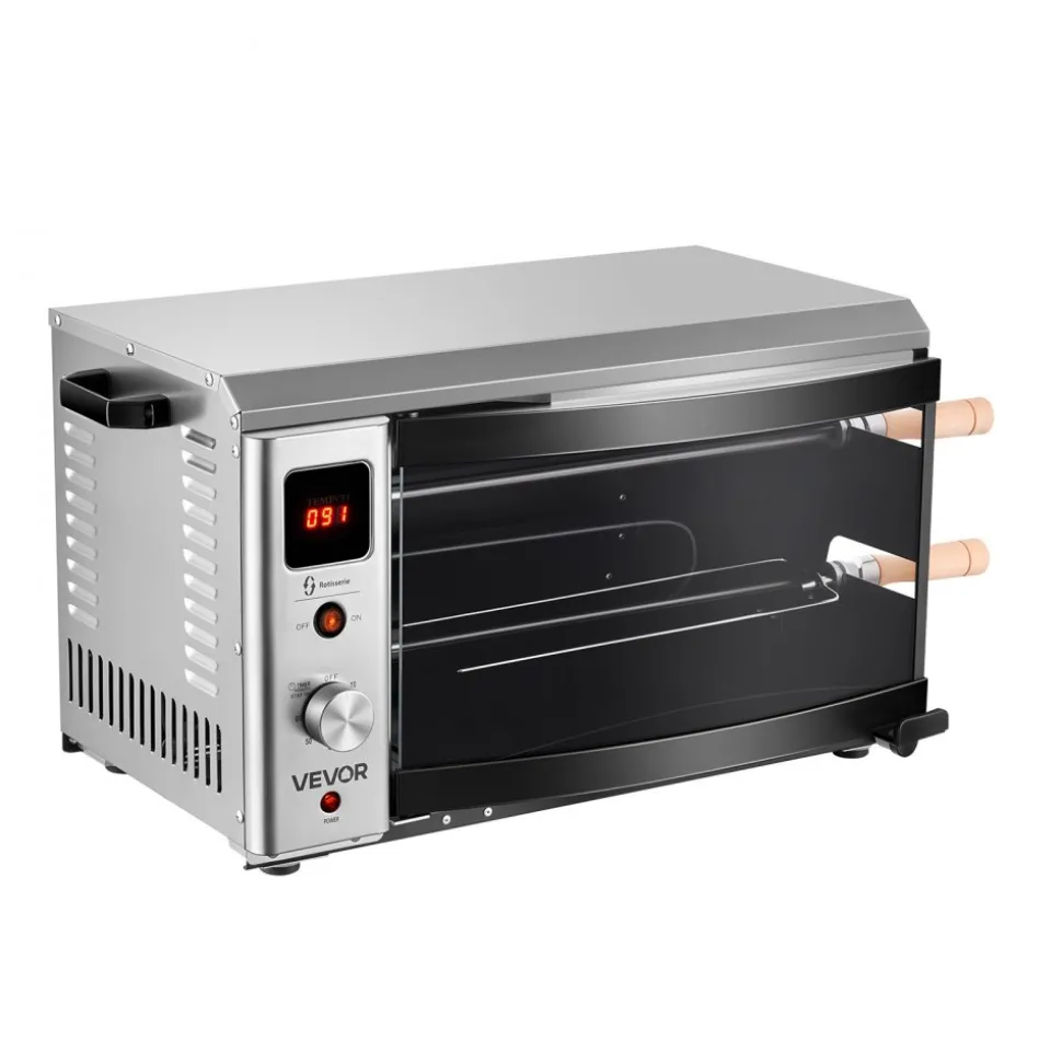 VEVOR Countertop Vertical Oven Brazilian Flame 2 Auto Rotating Skewers, for Steak, Fish, Lamb Leg, 1800W Rotisserie Shawarma Machine, Electric Meat Kebab Grill, with Curved Glass Door, Drip Tray