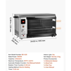 VEVOR Countertop Vertical Oven Brazilian Flame 2 Auto Rotating Skewers, for Steak, Fish, Lamb Leg, 1800W Rotisserie Shawarma Machine, Electric Meat Kebab Grill, with Curved Glass Door, Drip Tray
