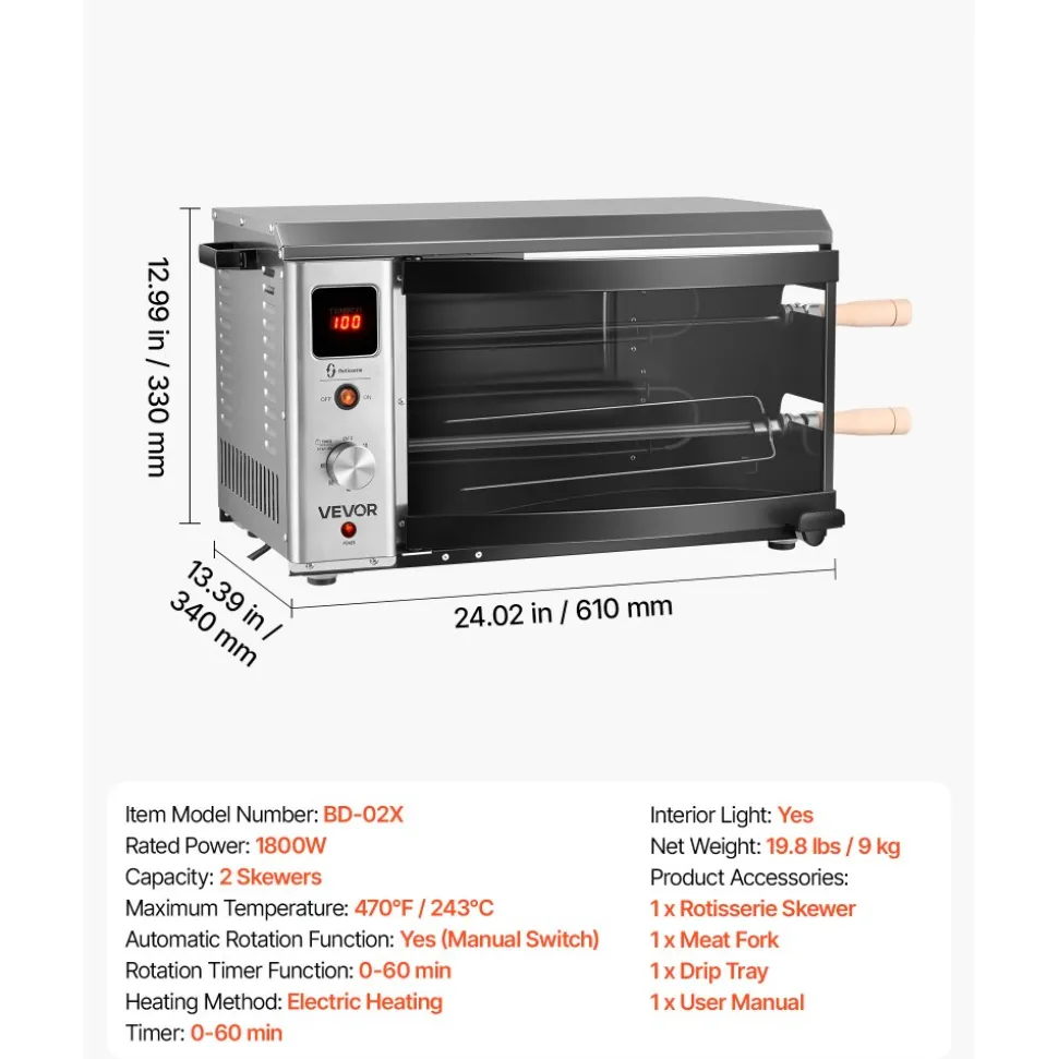 VEVOR Countertop Vertical Oven Brazilian Flame 2 Auto Rotating Skewers, for Steak, Fish, Lamb Leg, 1800W Rotisserie Shawarma Machine, Electric Meat Kebab Grill, with Curved Glass Door, Drip Tray