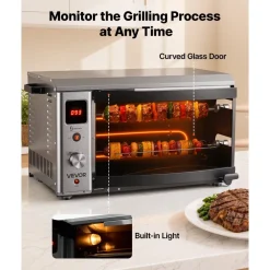 VEVOR Countertop Vertical Oven Brazilian Flame 2 Auto Rotating Skewers, for Steak, Fish, Lamb Leg, 1800W Rotisserie Shawarma Machine, Electric Meat Kebab Grill, with Curved Glass Door, Drip Tray
