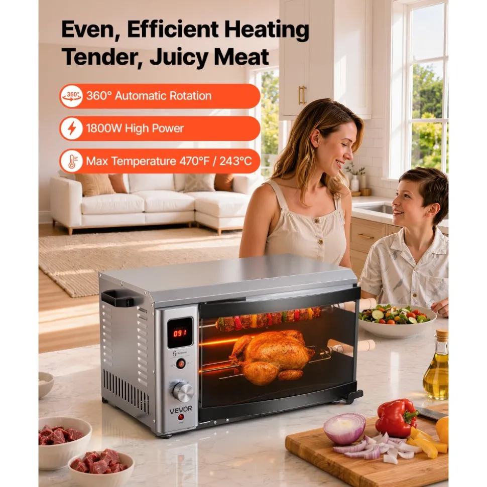 VEVOR Countertop Vertical Oven Brazilian Flame 2 Auto Rotating Skewers, for Steak, Fish, Lamb Leg, 1800W Rotisserie Shawarma Machine, Electric Meat Kebab Grill, with Curved Glass Door, Drip Tray
