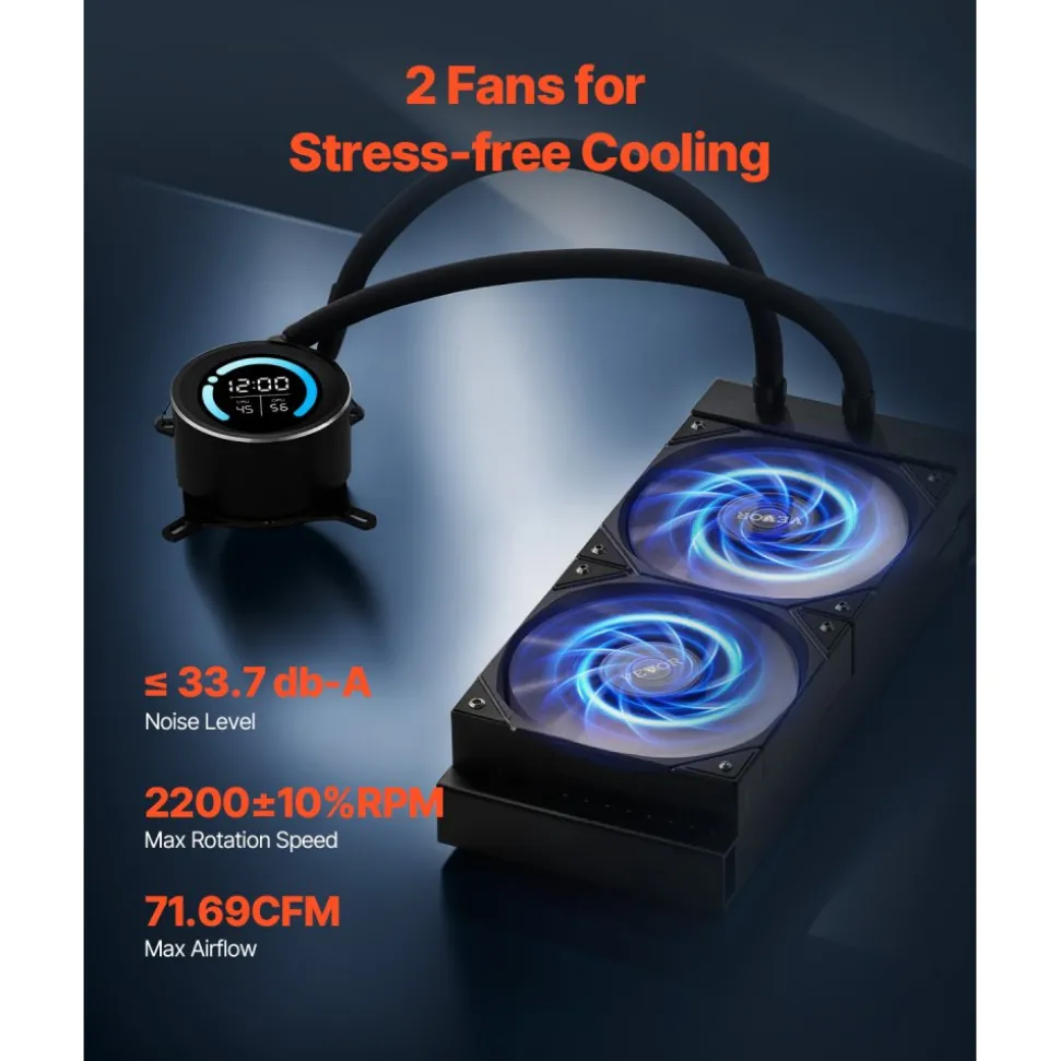 VEVOR CPU Liquid Cooler, AIO CPU Water Cooler - 120mm PWN Fans, Pump, 1.8'' Display, Max. 2200RPM CPU Cooling Fan, Efficient Black PC Water Cooler for Intel 115X/1366/2011/1700/1200, AMD AM4/AM5