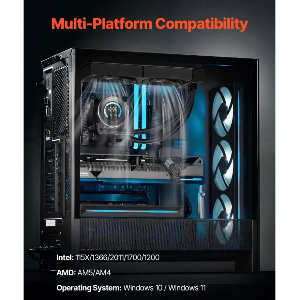 VEVOR CPU Liquid Cooler, AIO CPU Water Cooler - 120mm PWN Fans, Pump, 1.8'' Display, Max. 2200RPM CPU Cooling Fan, Efficient Black PC Water Cooler for Intel 115X/1366/2011/1700/1200, AMD AM4/AM5