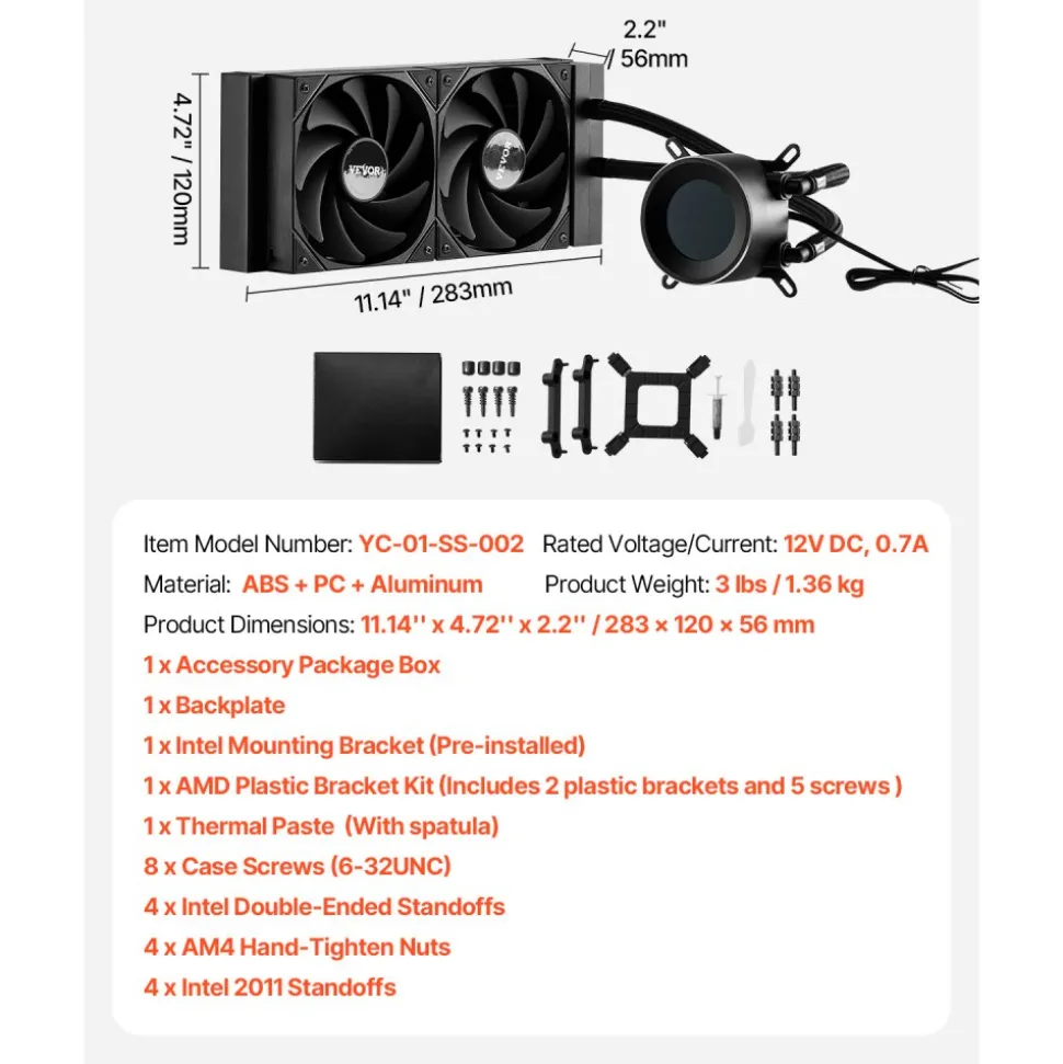 VEVOR CPU Liquid Cooler, AIO CPU Water Cooler - 120mm PWN Fans, Pump, 1.8'' Display, Max. 2200RPM CPU Cooling Fan, Efficient Black PC Water Cooler for Intel 115X/1366/2011/1700/1200, AMD AM4/AM5