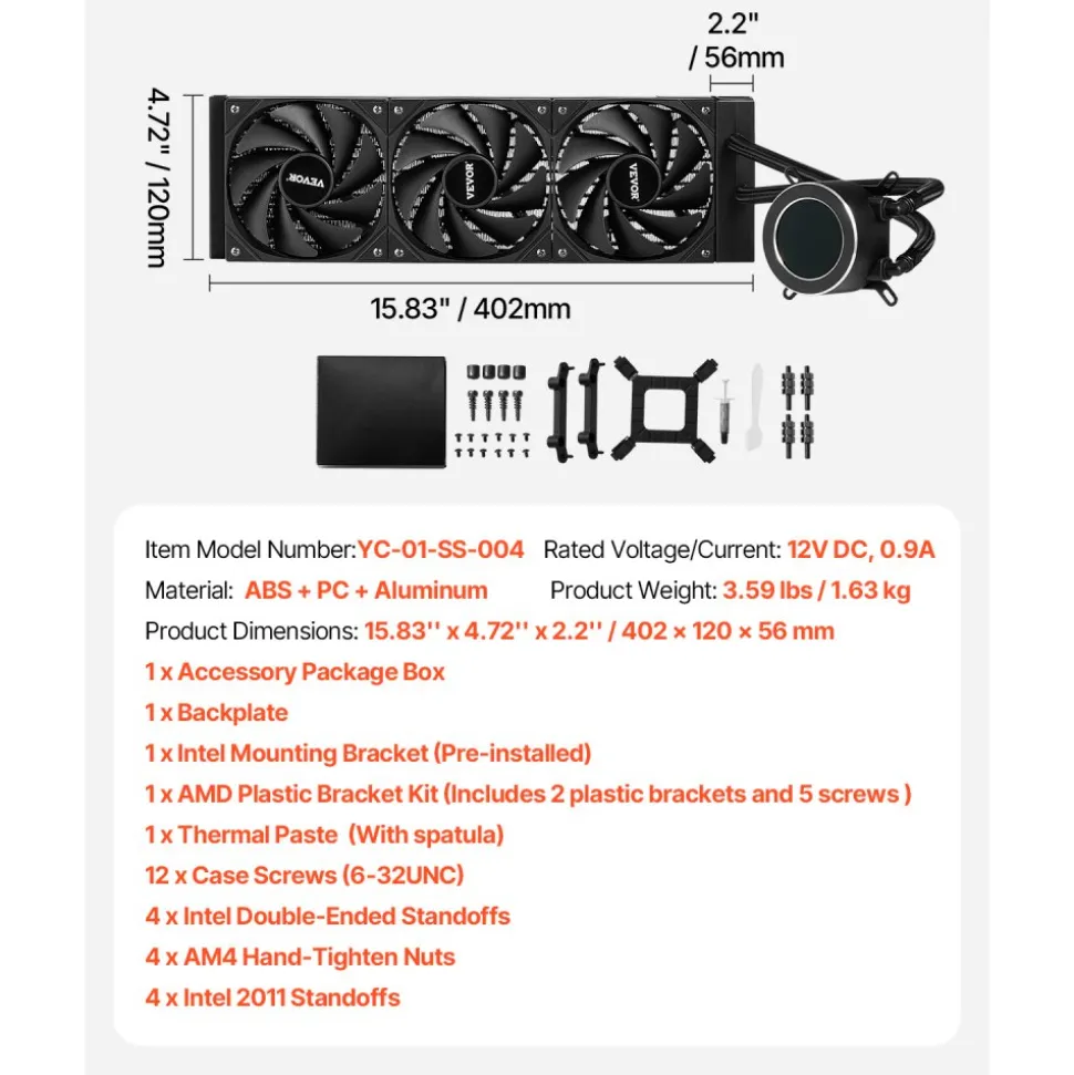 VEVOR CPU Liquid Cooler, AIO CPU Water Cooler - 3 x 120mm PWN Fans & Pump, Customizable Black PC Liquid Cooler with 2.1'' LCD Display & ARGB light, for Intel 115X/1366/2011/1700/1200, AMD AM4/AM5